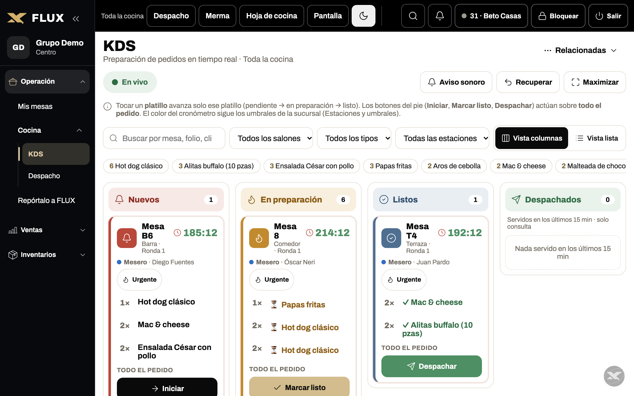 Pantalla de cocina con los tickets de todas las estaciones y su semáforo de tiempo