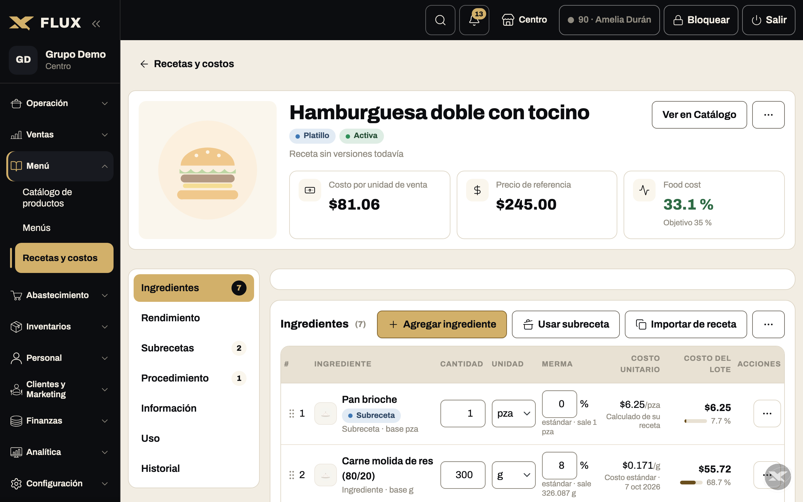 Editor de receta con sus líneas, rendimiento y el costo por porción calculado