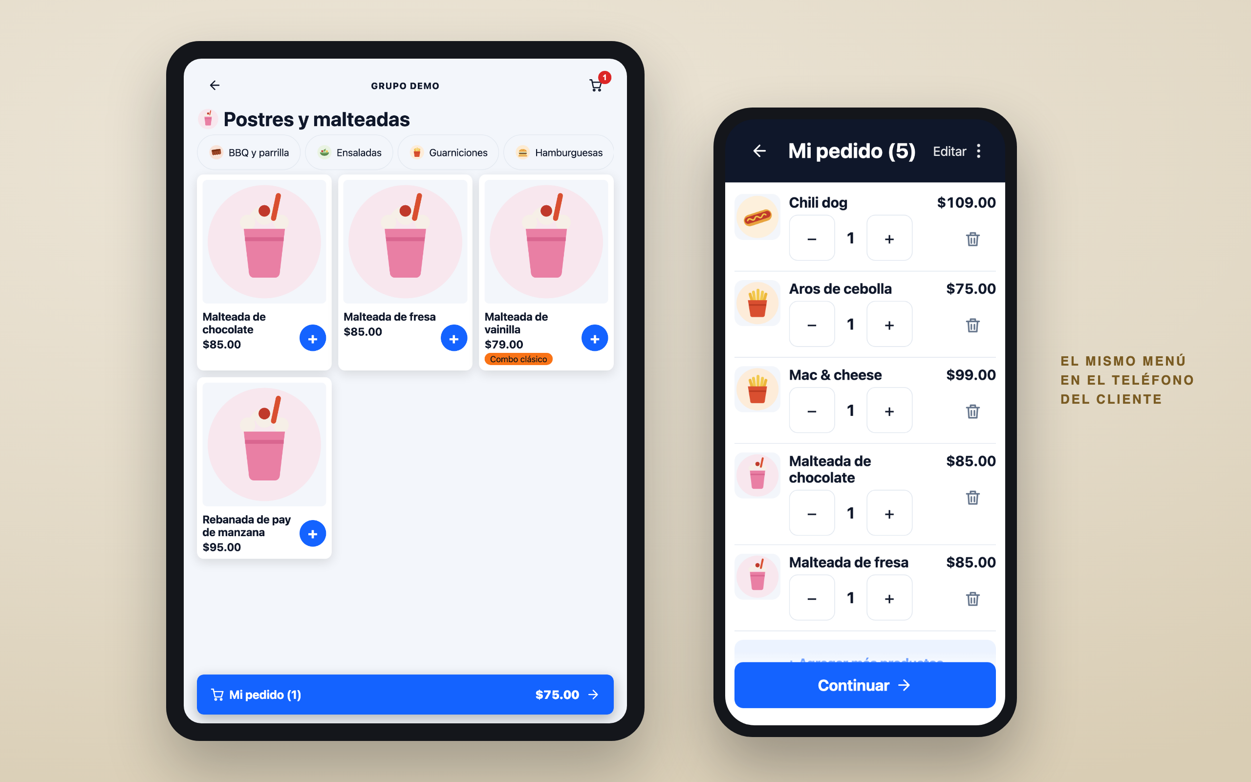 El kiosco con las categorías y los platillos, junto al teléfono del cliente con su pedido armado