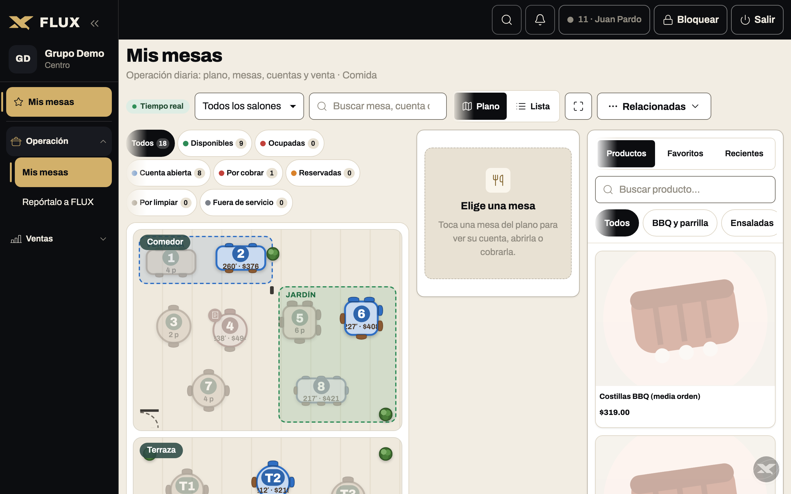 Mis mesas: el plano del salón con las mesas del mesero y el estado de cada cuenta