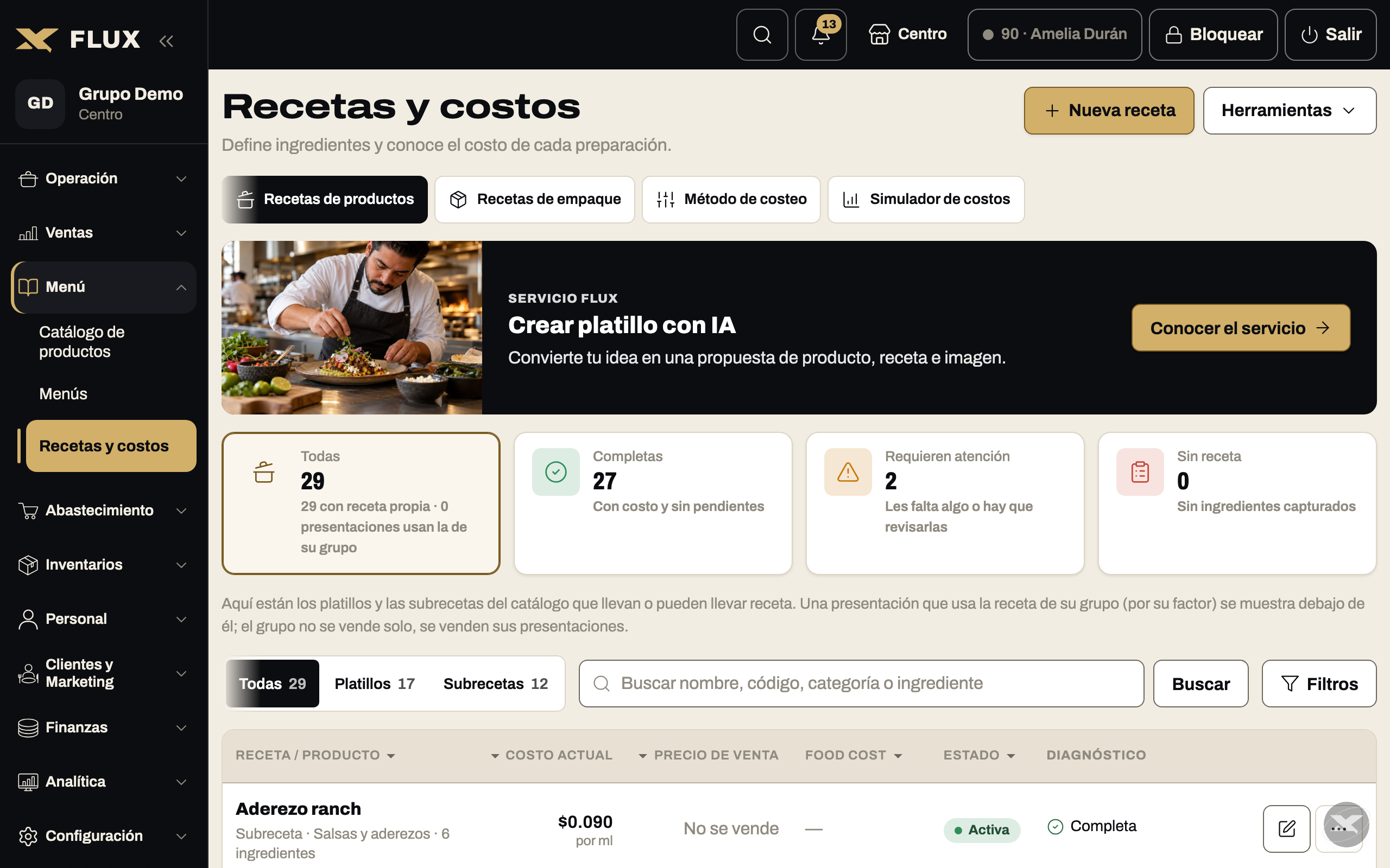 Recetas y costos: cuántas recetas están completas, cuáles requieren atención y el costo, precio y food cost de cada platillo